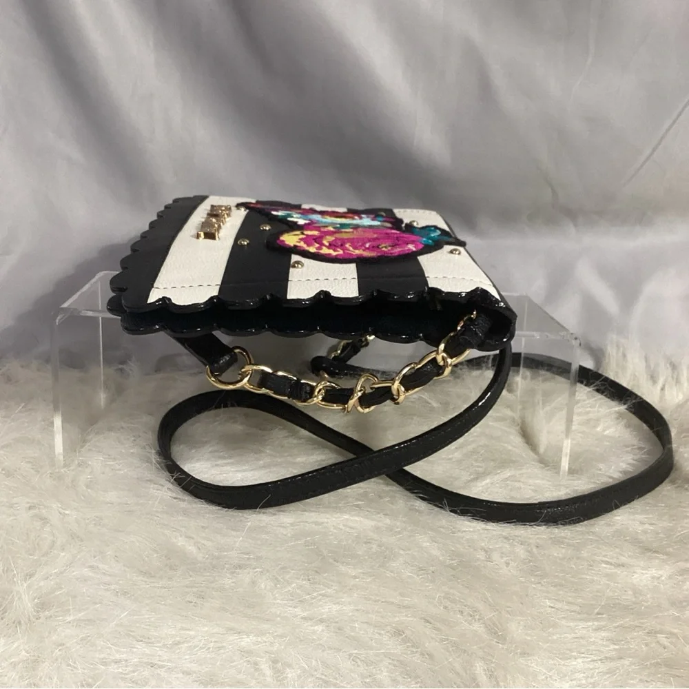 Betsey Johnson Black White Striped Floral Appliqué Crossbody Wallet Bag Vegan
